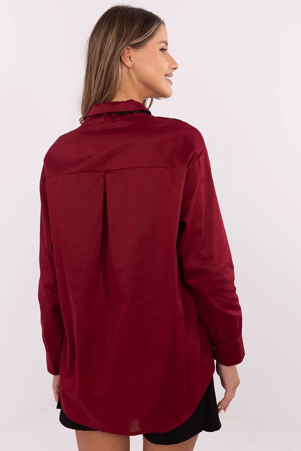 Chemise manche longue Italy Moda rouge profond nœud noir broche strass coton féminine occasion spéciale