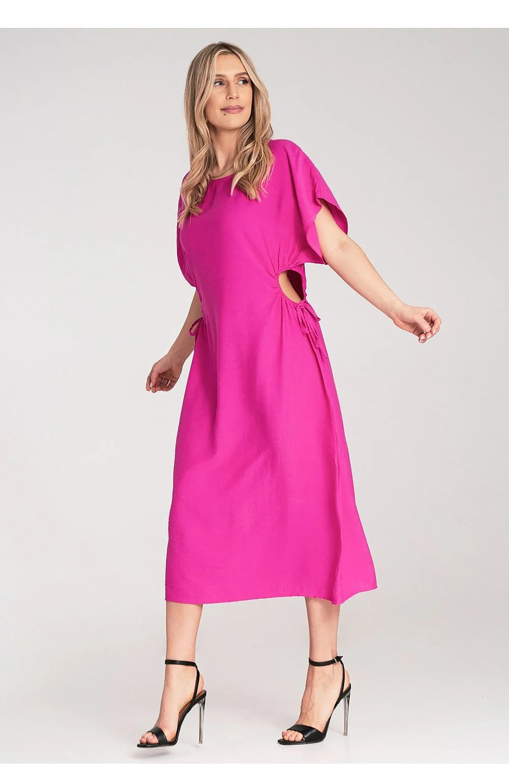 Robe midi élégante en viscose fuchsia coupe droite manches courtes kimono liens à la taille femme moderne