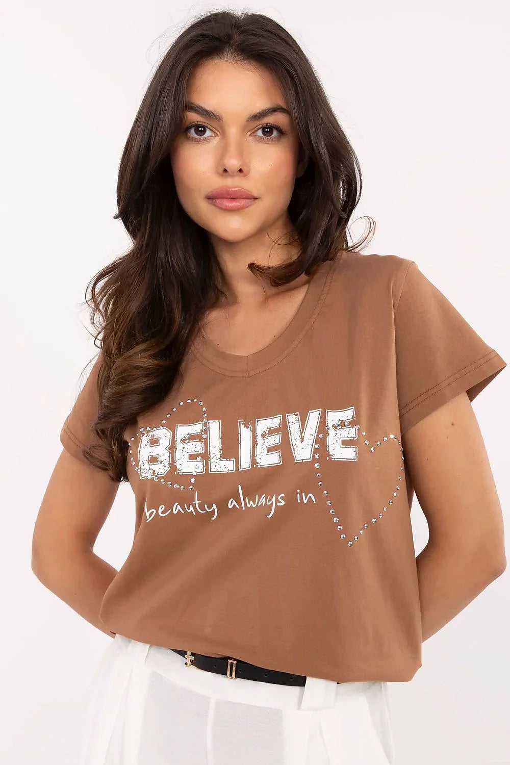 T-shirt femme mode casual BELIEVE beauty always in strass coton élasthanne coupe droite manches courtes décolleté rond
