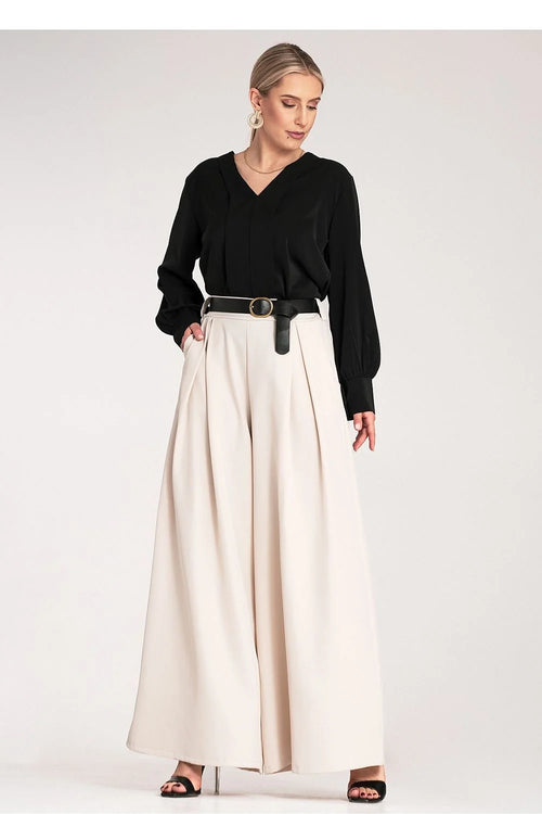 Pantalon femme palazzo haut de taille élastique large jambe ceinture noire couleur beige élégant vêtement mode femme