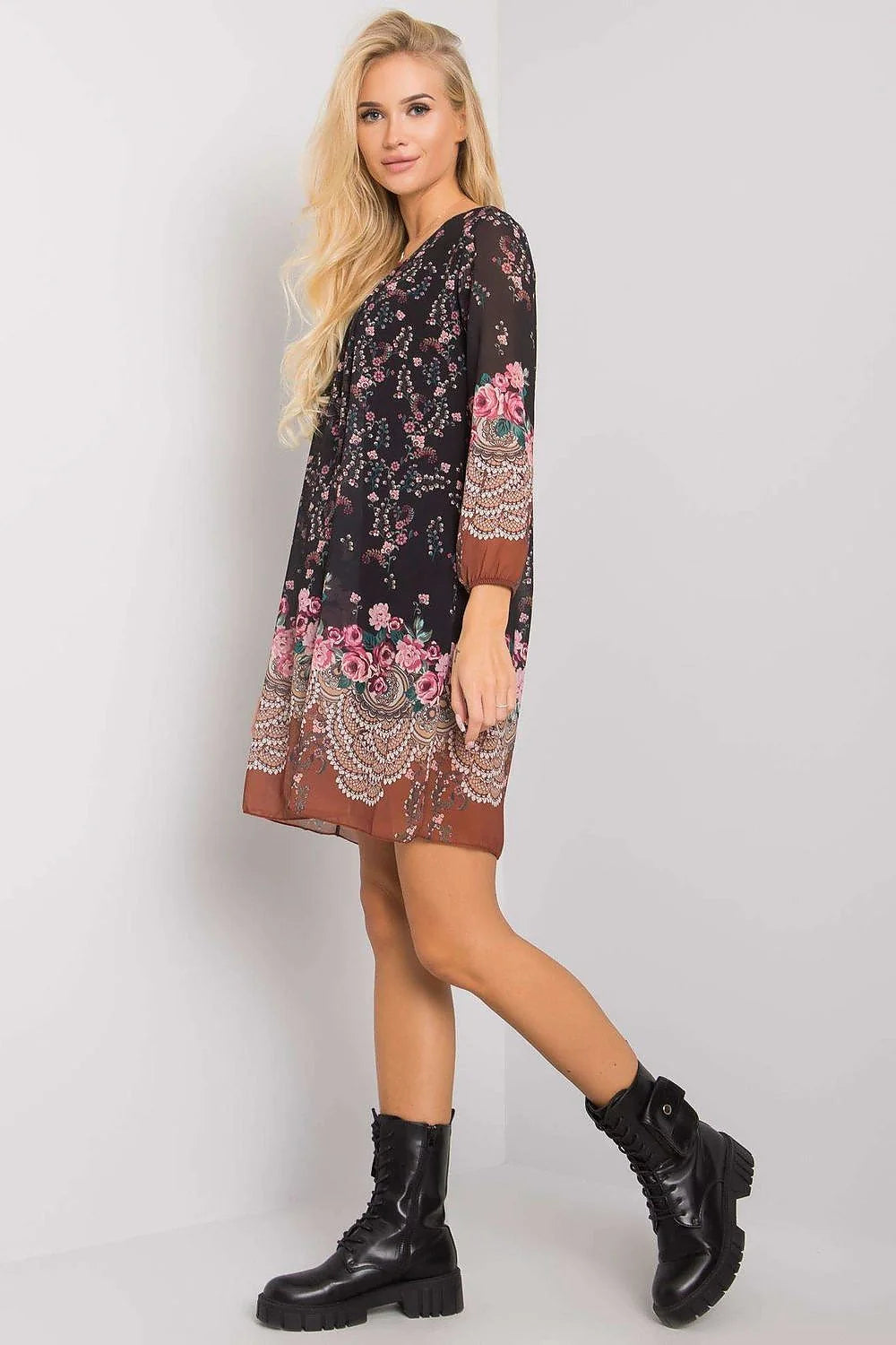Robe de jour audacieuse Och Bella motif léopard coupe trapèze manches longues encolure ronde doublée polyester viscose femme