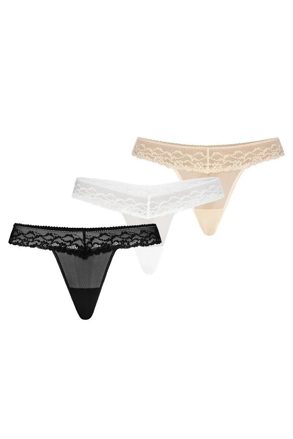 Ensemble de 3 strings sexy en dentelle et maille femme noir blanc beige ajustables confortables