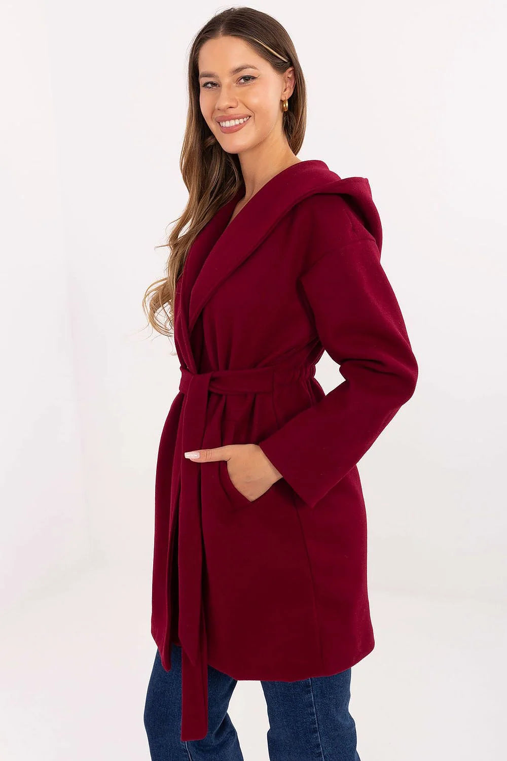 manteau femme mi long ceinturé col châle poches latérales coupe ample manches longues tombé élégant bordeaux laine mélangée