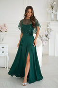 robe longue émeraude bretelles fines boléro sequins ceinture rose taille haute fente frontale tulle pailleté manches papillon jupe fluide chiffon