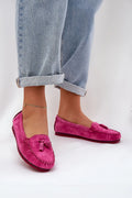Mocassins élégants pour femmes en daim naturel, style classique, couleur rose vif, pompon central, confort tout le jour, taille ajustable, 36-40