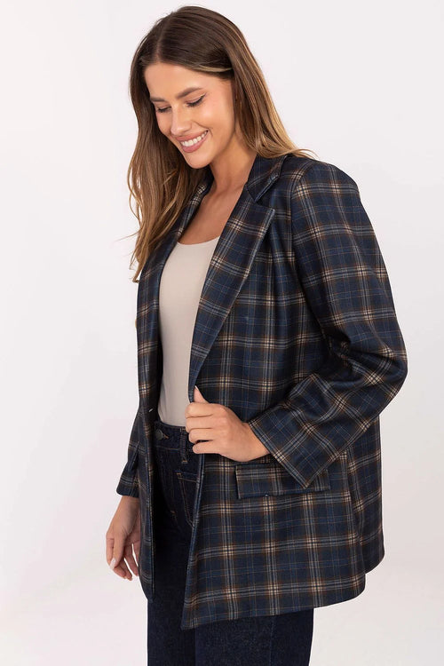 blazer long femme carreaux bleu marine camel tartan discret col tailleur coupe droite oversize epaulettes doublure viscose polyester