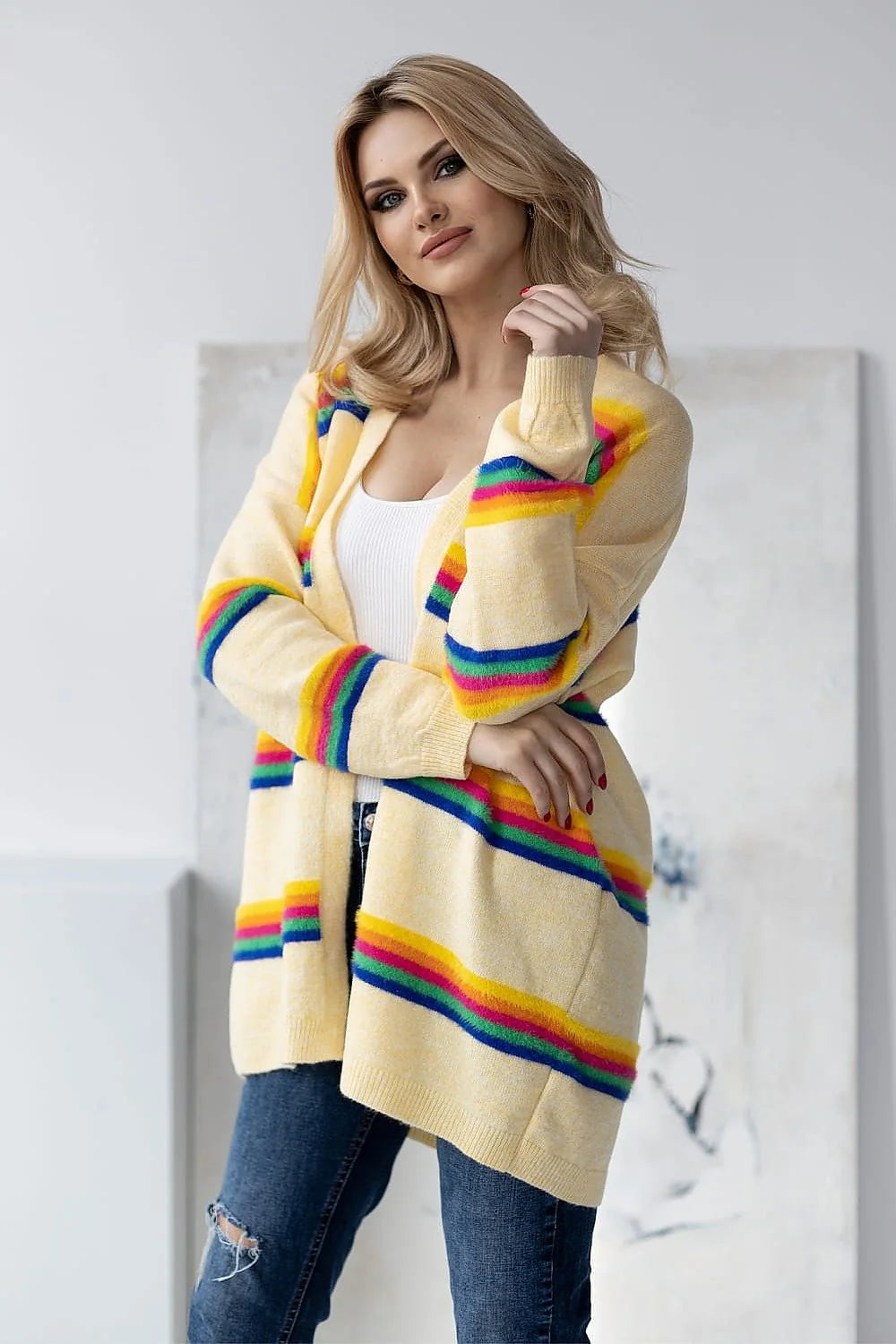 Cardigan Pee Ka Boo pour femme ample long manches longues rayures colorées acrylique polyamide polyester laine versatile mode