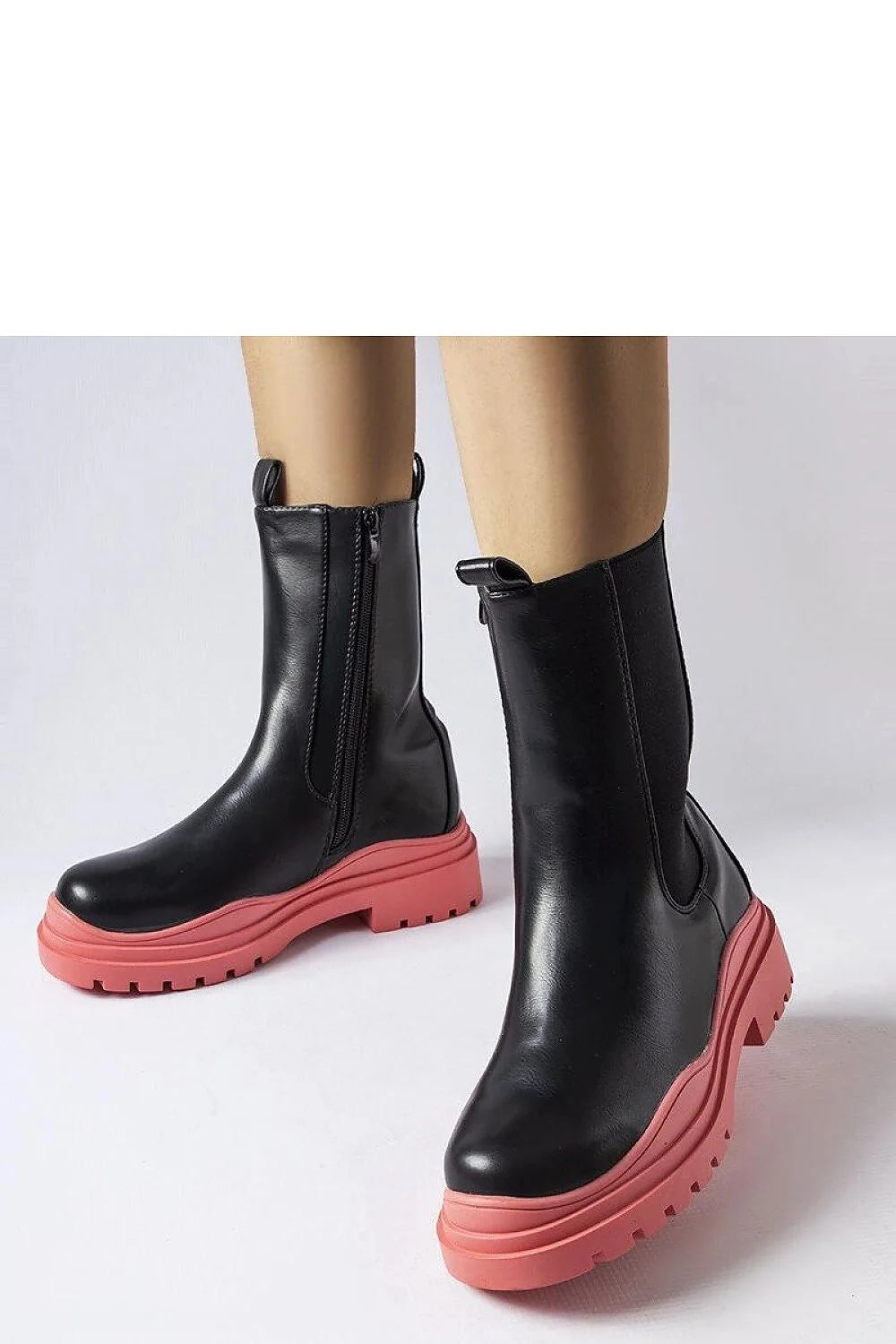 bottines femmes cuir noir lisse tige montante mollet zip latéral semelle caoutchouc rose corail épaisse crantée plateforme antidérapante confortable durable