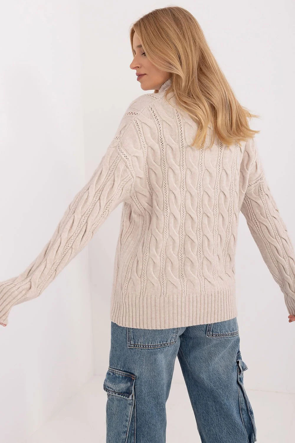 Pull à col roulé en tricot épais motif torsade beige clair pour femme, taille universelle, manches longues, finitions côtelées