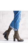 bottes talon bloc cuir écologique kaki tige côtelée extensible montante mollet bout rond semelle caoutchouc crantée plateau cubain confortable élégante
