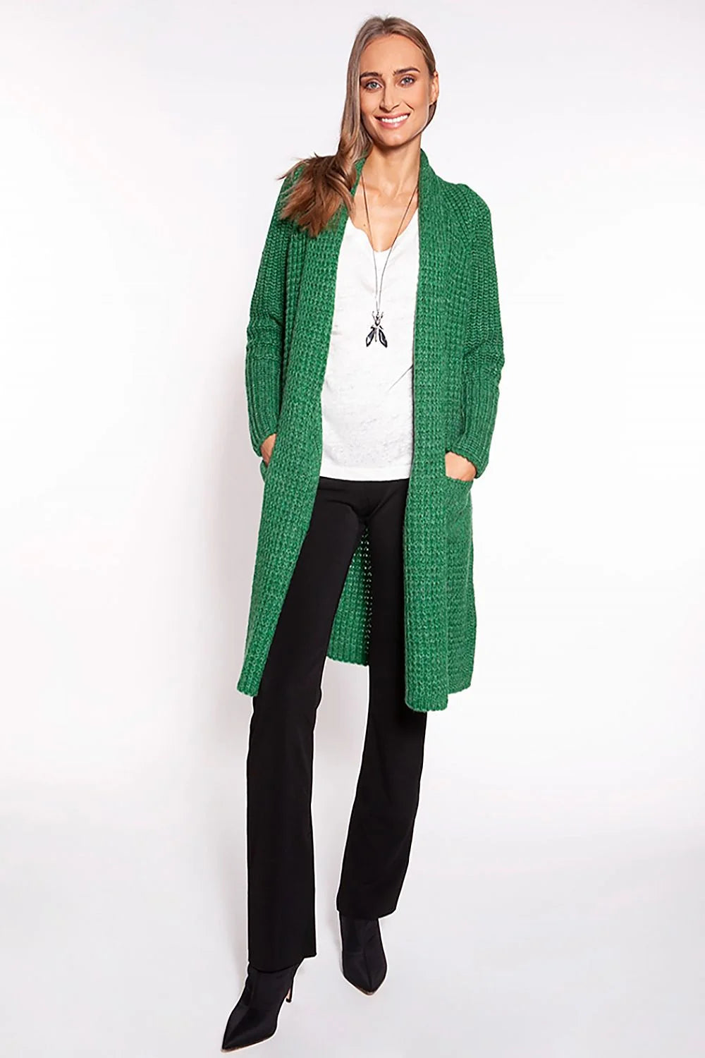 cardigan femme beige clair long col châle gaufrée laine acrylique cocooning manches bouffantes poches plaquées coupe mi cuisse