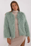 Veste en fausse fourrure vert menthe longue manches rond hiver automne mode féminine élégante
