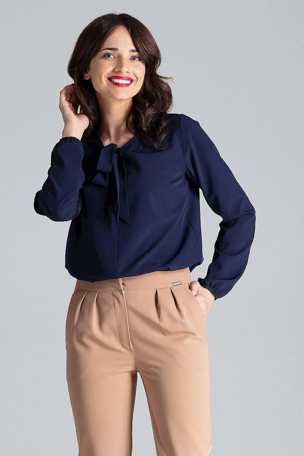 Chemisier Lenitif élégant manches longues nœud neckline robe blazer longueur totale taille ajustable Polyester Elasthanne femmes