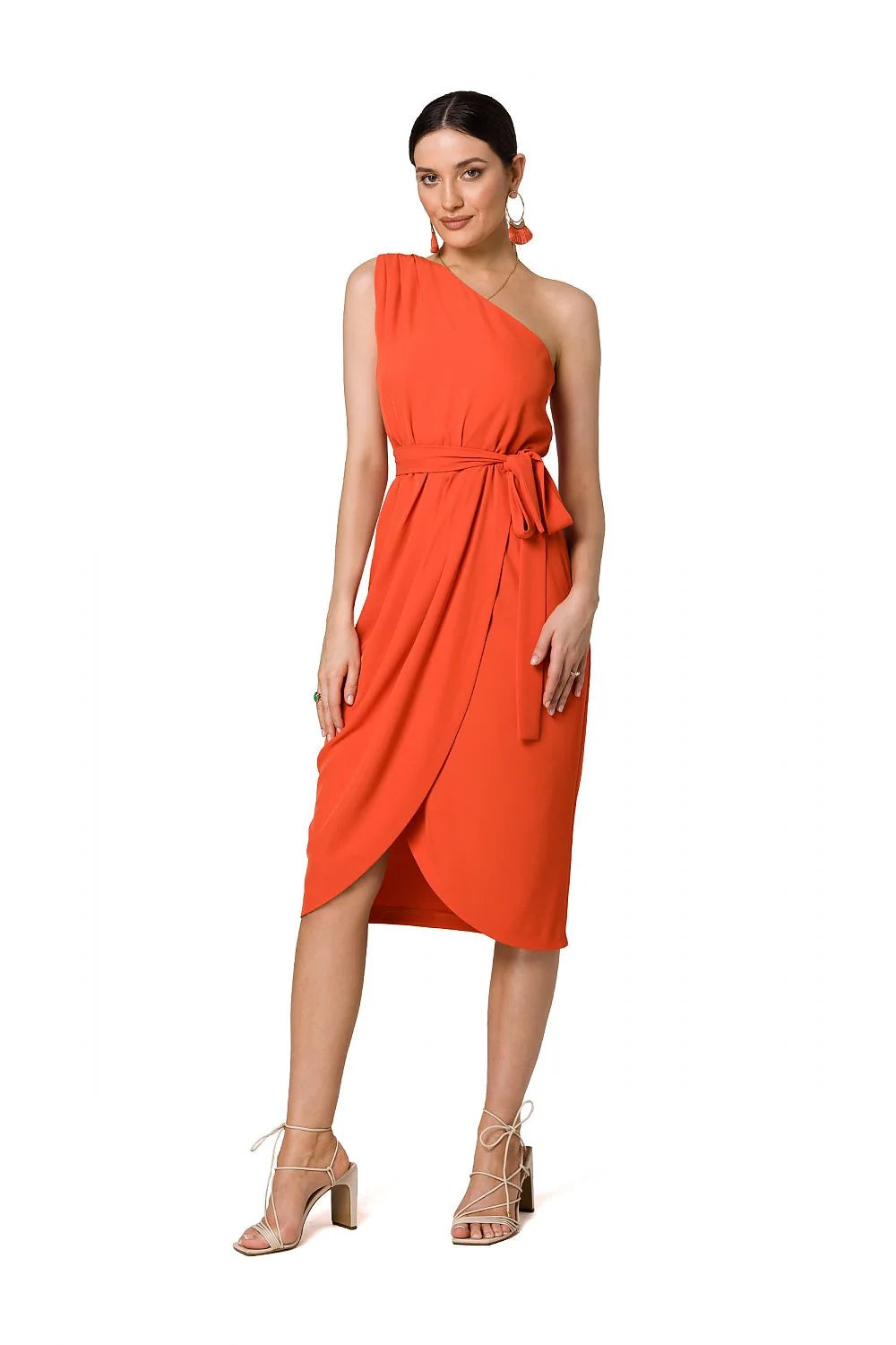 Robe de cocktail Makover asymétrique moderne orange elasthanne polyester ceinture à nouer taille ajustable femme silhouette féminine