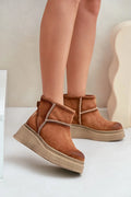 Bottines en daim pour femme style décontracté moderne couleur marron coutures blanches semelle compensée plateforme renforcée talon solide fourrure intérieure