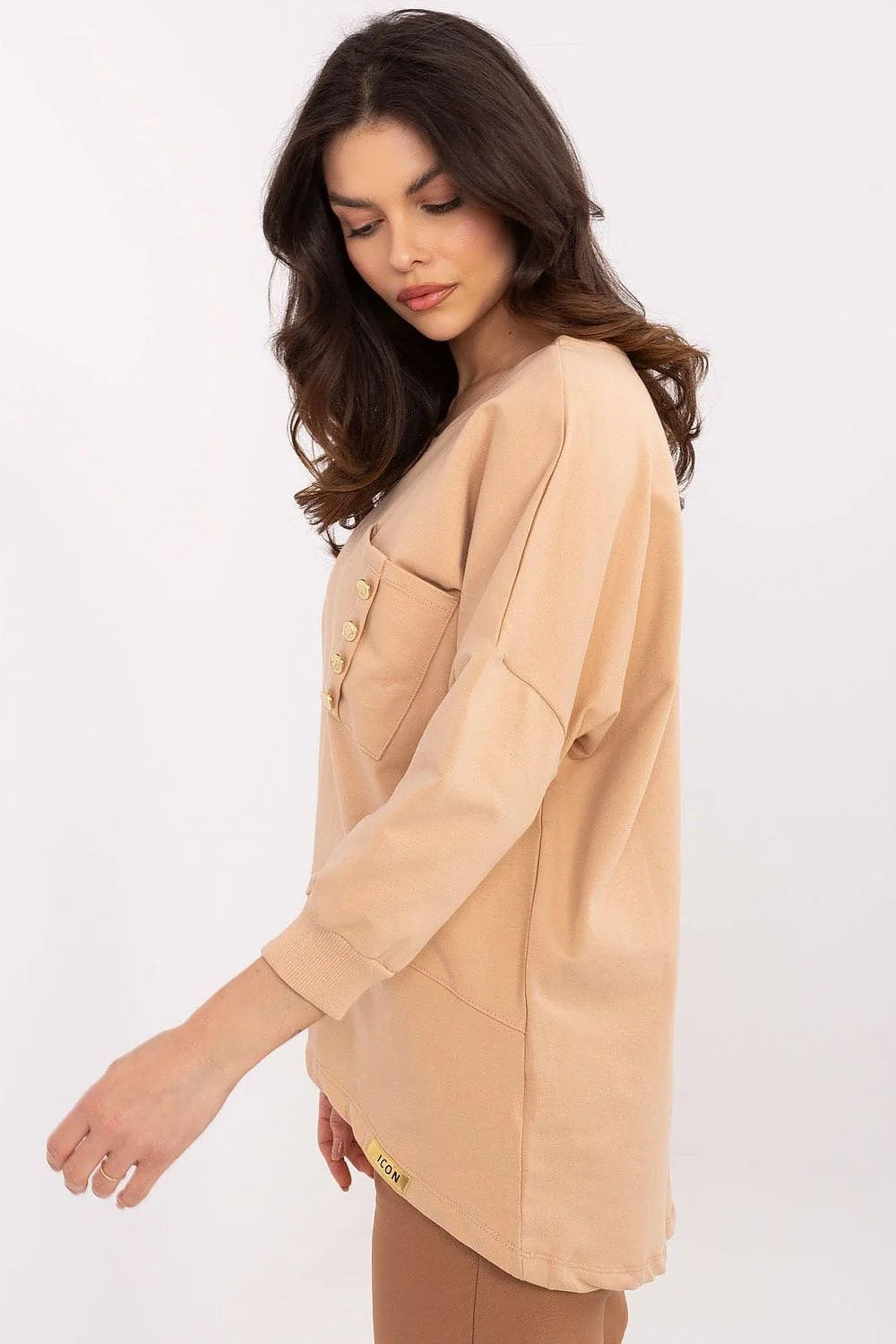 chemisier élégant confortable coton extensible élasthanne col rond manches trois quarts poche boutons décoratifs longueur tunique polyvalent femme