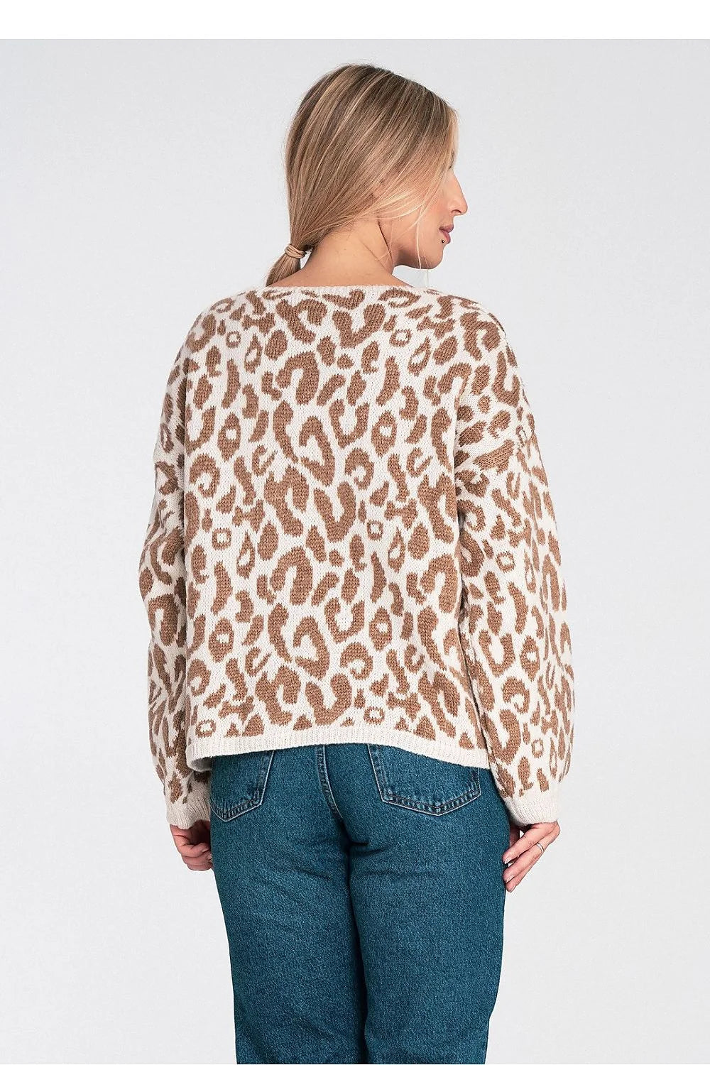 cardigan gilet femme maille douce imprimé léopard beige crème coupe ample longueur hanches col rond manches longues liens nouer