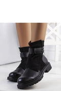 Bottines pour femmes élégantes en cuir et suède noires style moderne talon massif sangle métallique occasion automne hiver