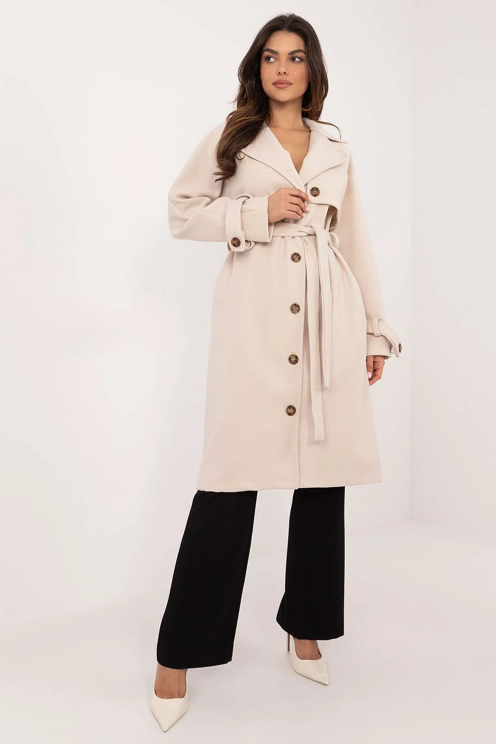 Manteau Och Bella élégant long beige clair manches longues ceinture ajustable boutons bois femmes