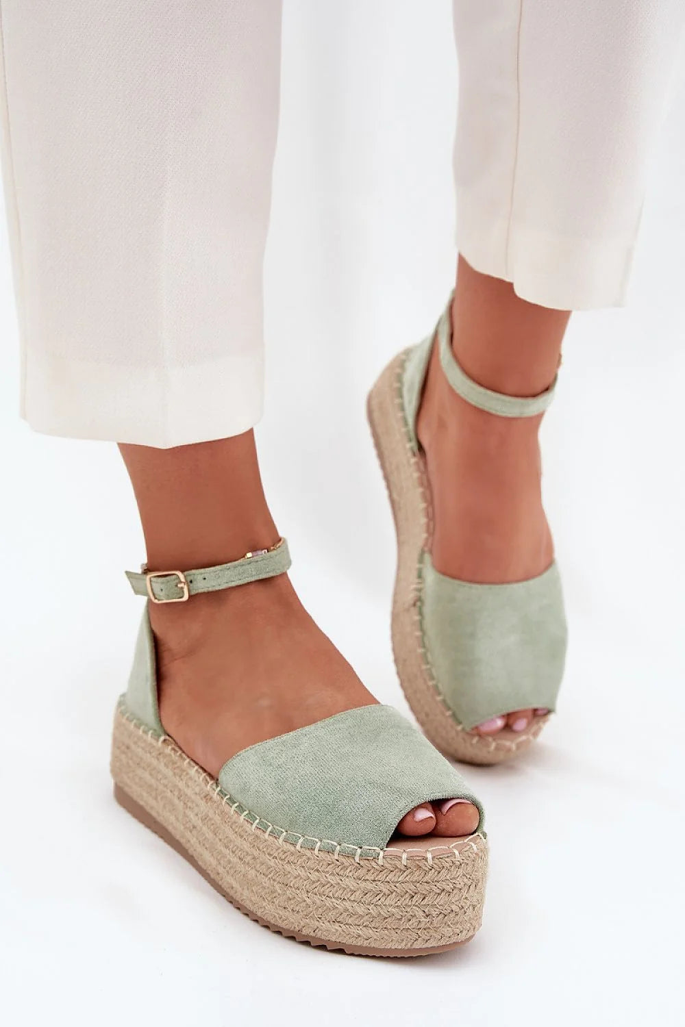 espadrilles compensées femme suédine écologique vert sauge plateforme tressée jute peeptoe bride cheville réglable boucle dorée maintien confortable