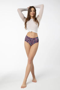 ensemble mode femme haut manches longues noeud culotte taille haute motif floral multicolore bleu marine petites fleurs roses blanches confortable