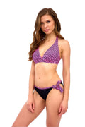 Bikini deux pièces femme moderne imprimé léopard rose intense noire coupe triangle col V plongeant nœud dos nuque tissu élastique résistant à l'eau