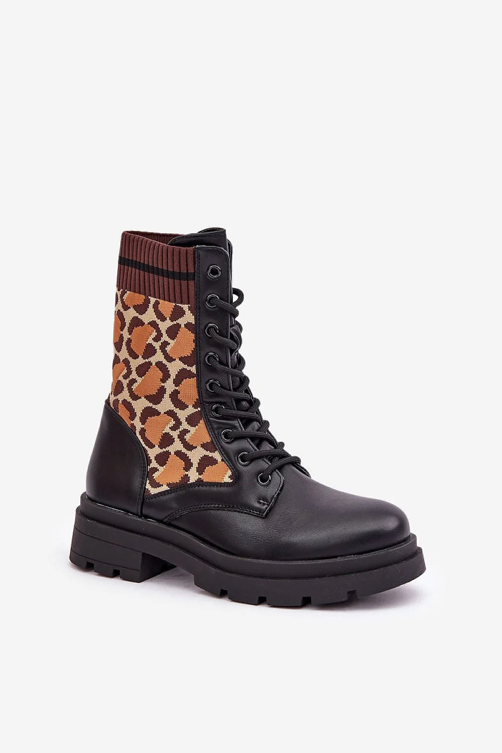 Bottines audacieuses femme cuir simili tissu motif léopard semelle épaisse lacées style urban chic talon 4.5 cm