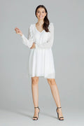 robe cocktail mousseline blanche manches longues volants coupe midi ajustable ceinture intégrée col V décolleté romantique fluide doublure opacité élégante
