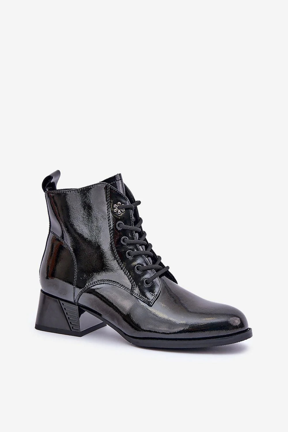 Bottes à talons carrés en cuir verni noir, style moderne, fermeture éclair latérale, laces, semelle épaisse, confortable, pour femmes, occasion élégante