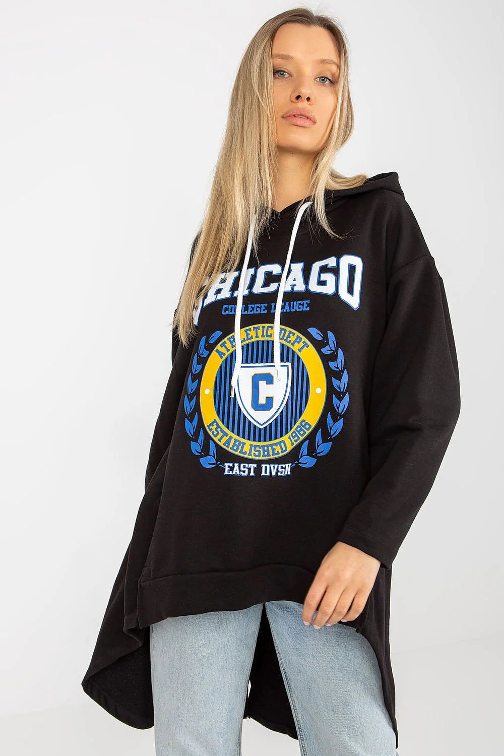 Sweatshirt femme asymétrique ample capuche manches longues coton élasthanne graphique universitaire Chicago College League
