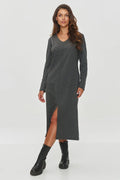 robe midi maille gris anthracite coupe droite manches longues encolure V fente frontale couture centrale extensible douce ajustée silhouette élégante