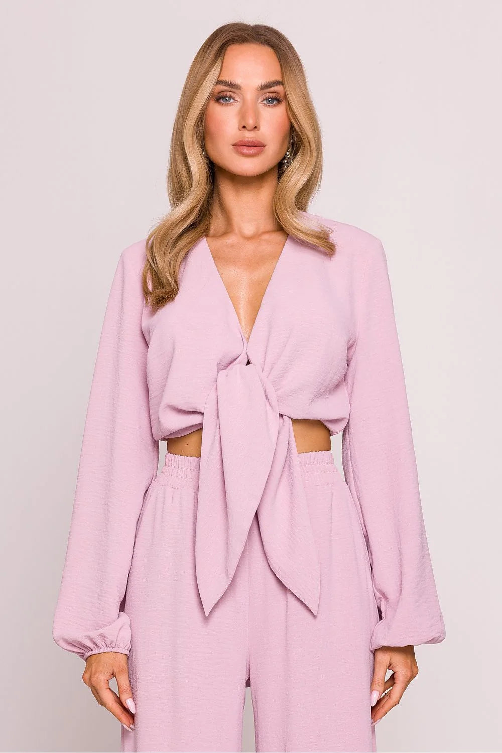 Ensemble Chemisier Moe Haut et Pantalon Assortis Manches Longues Nœud Central Rose Pastel Femme