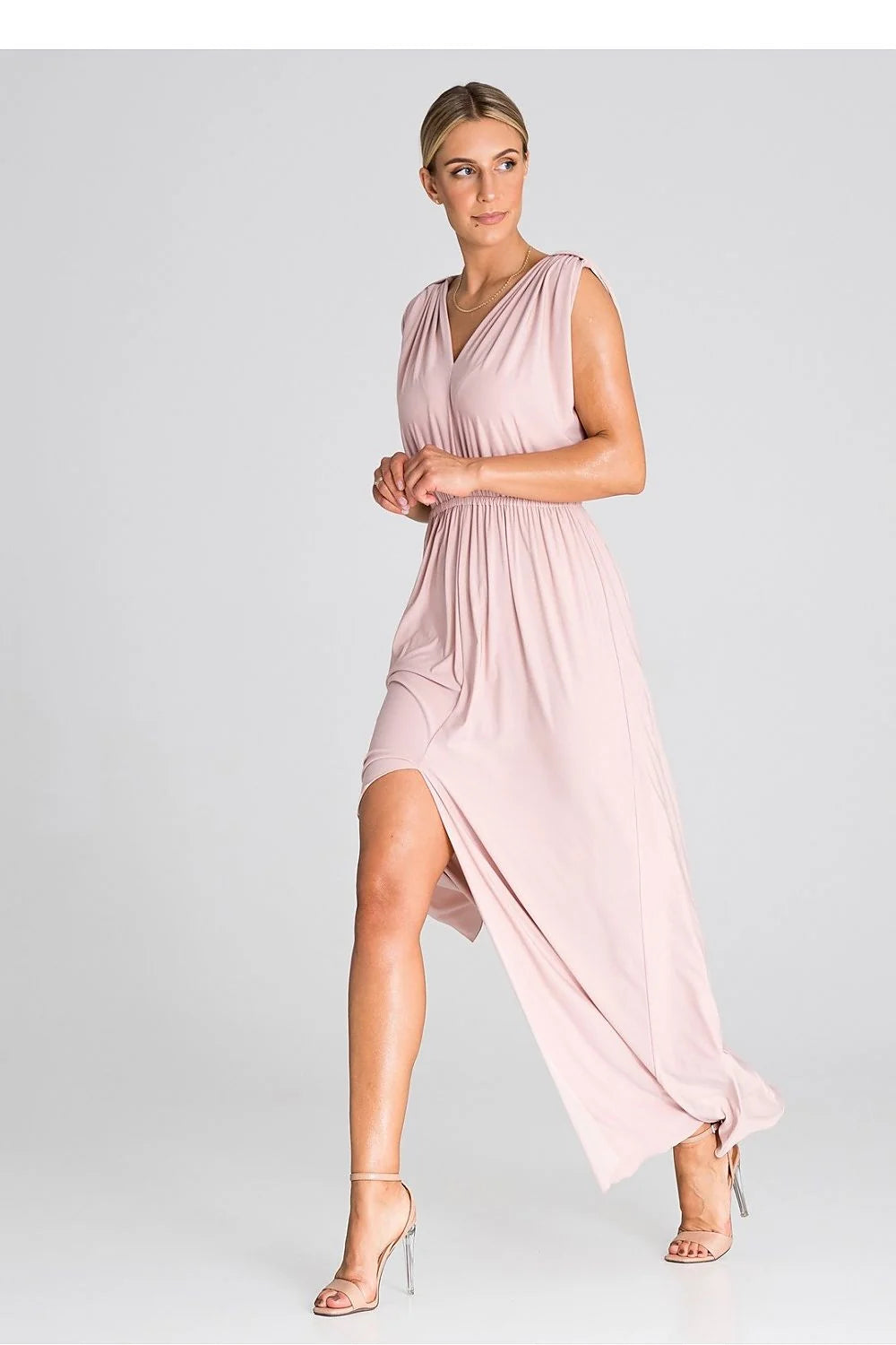 robe longue élégante sans manches col V rose poudré plissée taille cintrée jersey stretch fluide jupe ample fente centrale cérémonie