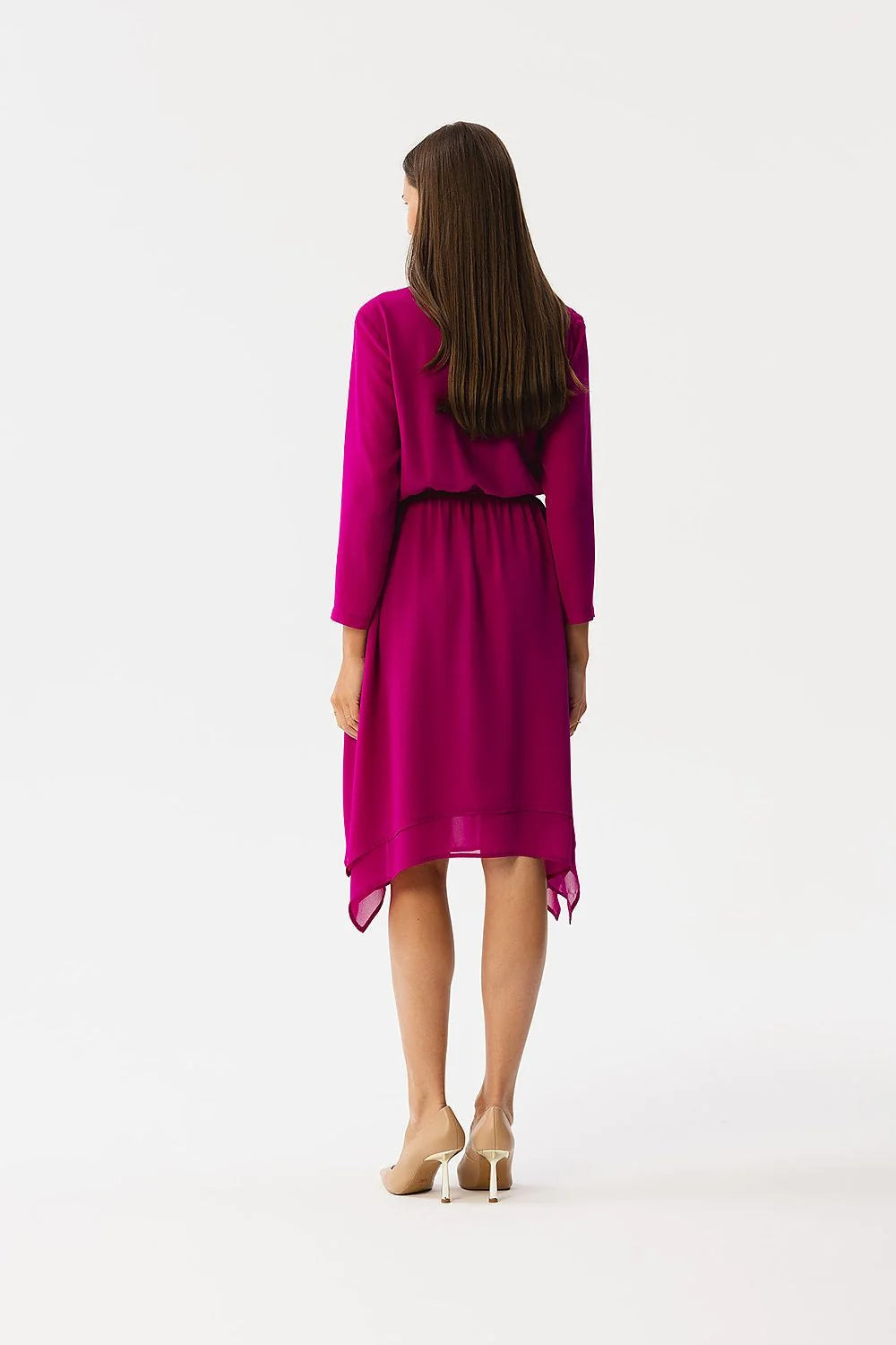 Robe de cocktail élégante en mousseline de soie couleur fuchsia manches 3/4 taille ajustable femme