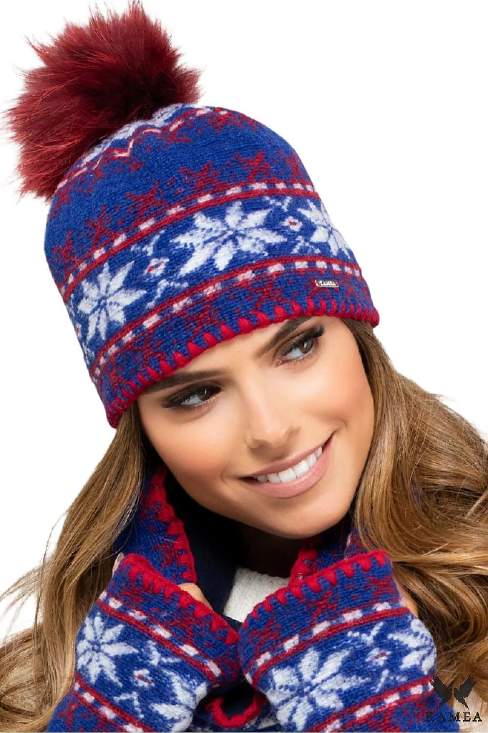 Bonnet et moufles coordonnés style nordique motif flocons neige bleu blanc rouge laine acrylique femme