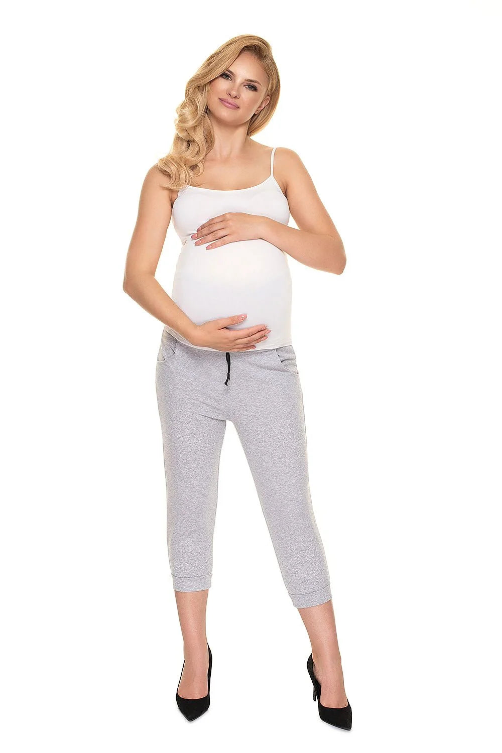 Legging maternité coton élasthanne confort ceinture haute gris avec poches pour futures mamans stylées