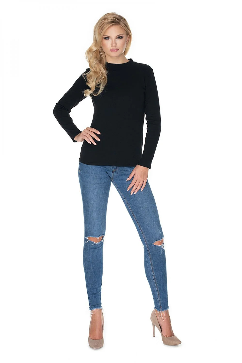 Pull-over en coton noir décontracté manches longues col rond ajusté élégant pour toutes occasions