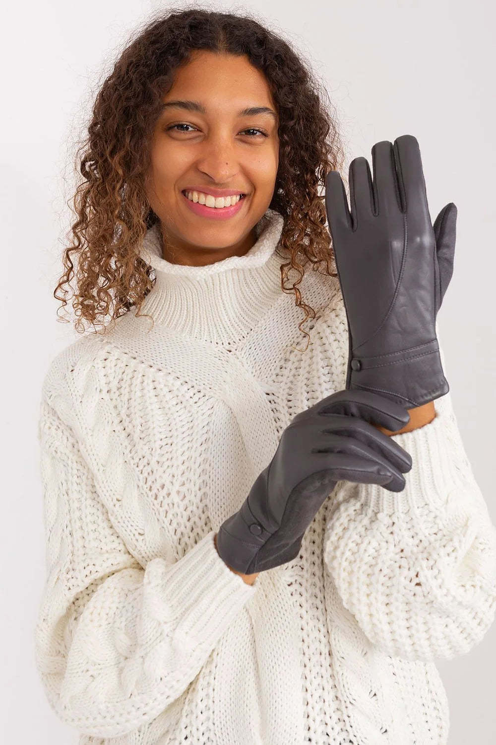 Gants élégants pour femmes en cuir gris foncé avec broderie fleur et boutons pression ajustables pour occasion formelle ou quotidienne