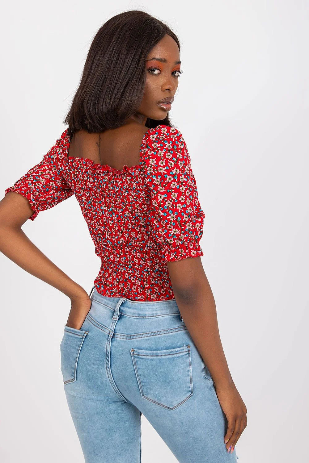 Chemisier Rue Paris floral vibrant court crop top col en cœur manches bouffantes lacing ajustable rouge bleu blanc 100% viscose tailles S/M/L femme
