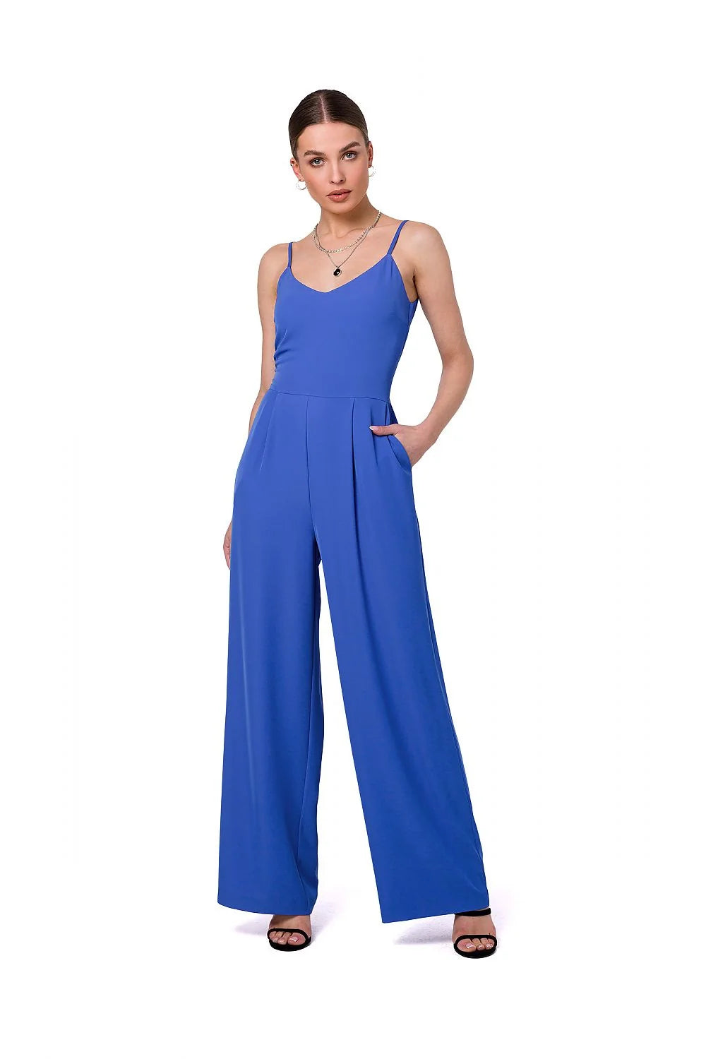 Combinaison Stylove femme bleu vif moderne sans manches bretelles fines encolure en V ajustée taille large pantalon ample confortable élégante occasion bureau dîner