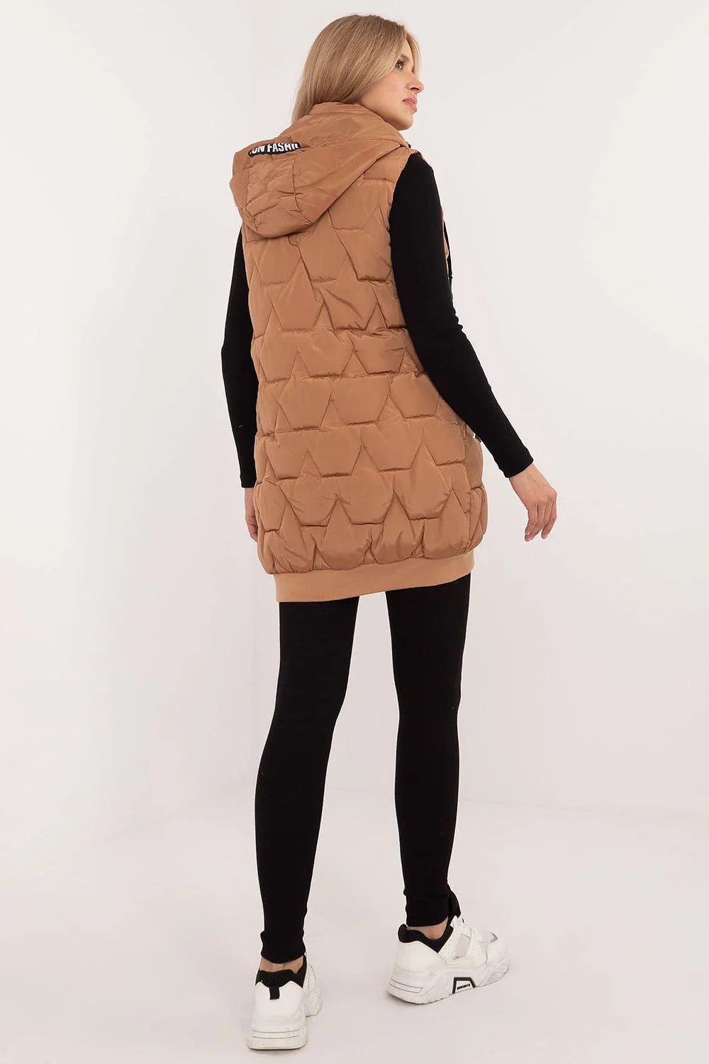 Gilet matelassé pour femme longueur genou sans manches style urbain couleur camel polyester isolation thermique