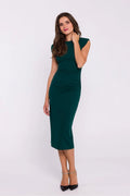Robe tube émeraude maille stretch ajustée coupe midi sans manches épaulettes géométriques fente latérale robe élégante femme