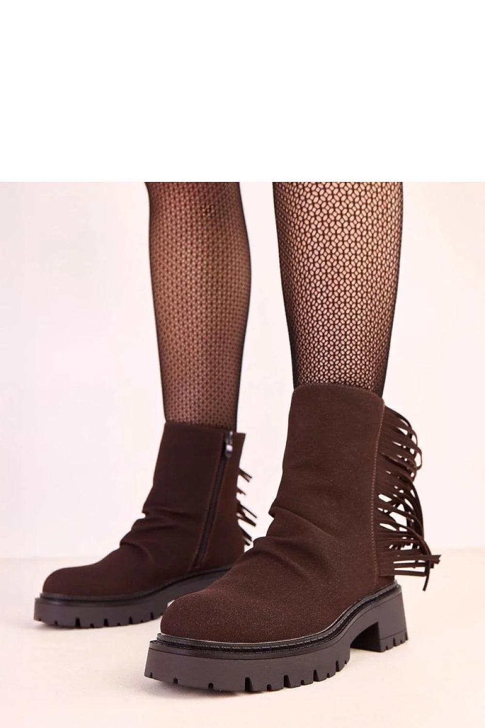 bottines femme chelsea marron suédé écologique franges décoratives bout rond tige cheville semelle crantée plateforme épaisse talon bloc fermeture éclair