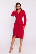 Robe midi élégante couleur rouge vif encolure V manches longues portefeuille asymétrique femme occasion formelle soirée