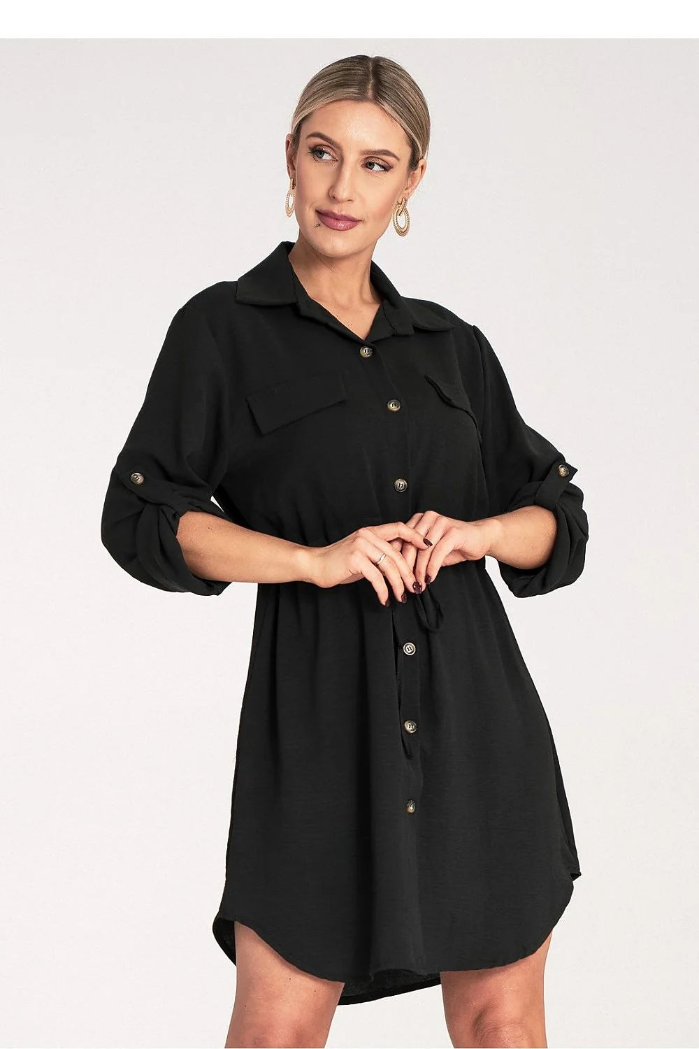 Robe de jour Figl style décontracté sophistiqué robe chemise manches longues ajustables taille ajustable tissu noir femme