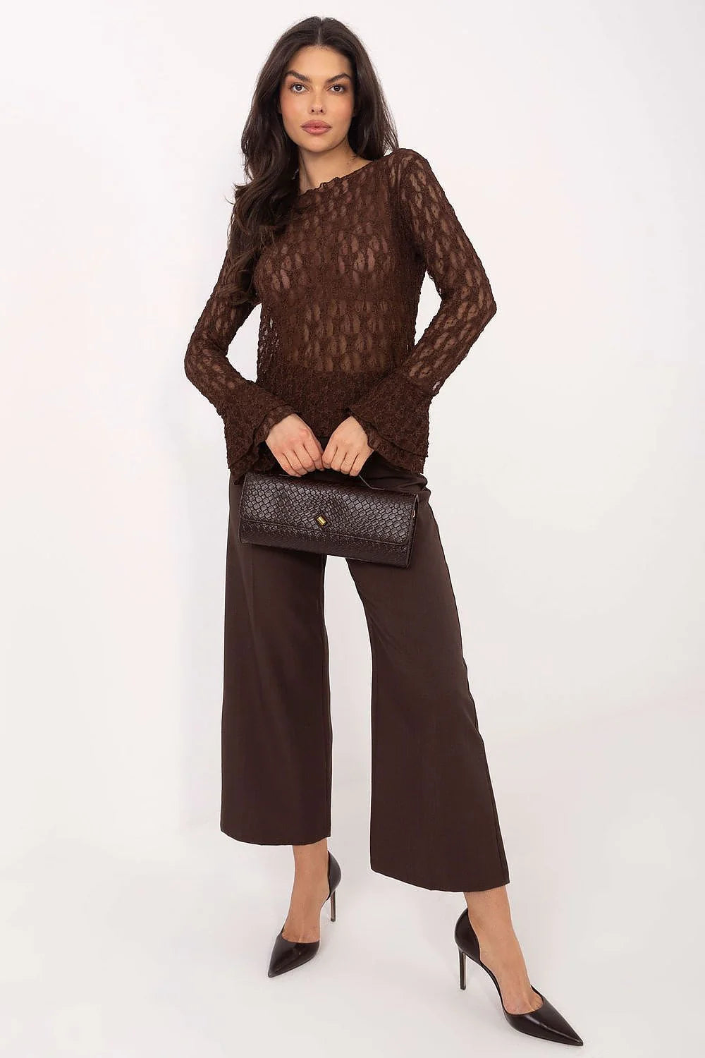 blouse dentelle femme ajustée manches longues cloche volants décolleté bateau viscose extensible doux confortable chocolat