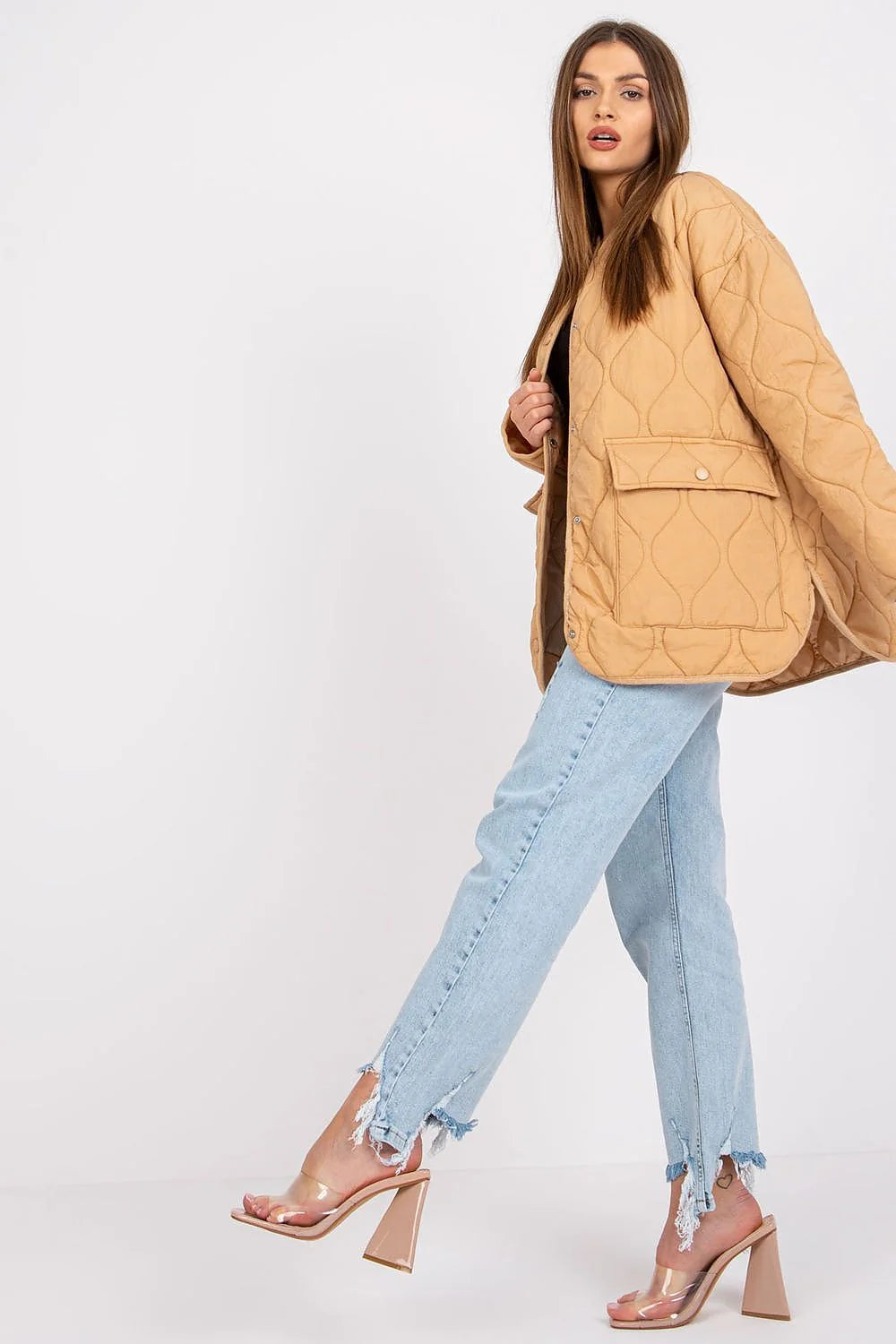 Veste matelassée pour femmes couleur rose pastel oversized manches longues fermeture à boutons-pression polyester 100 %