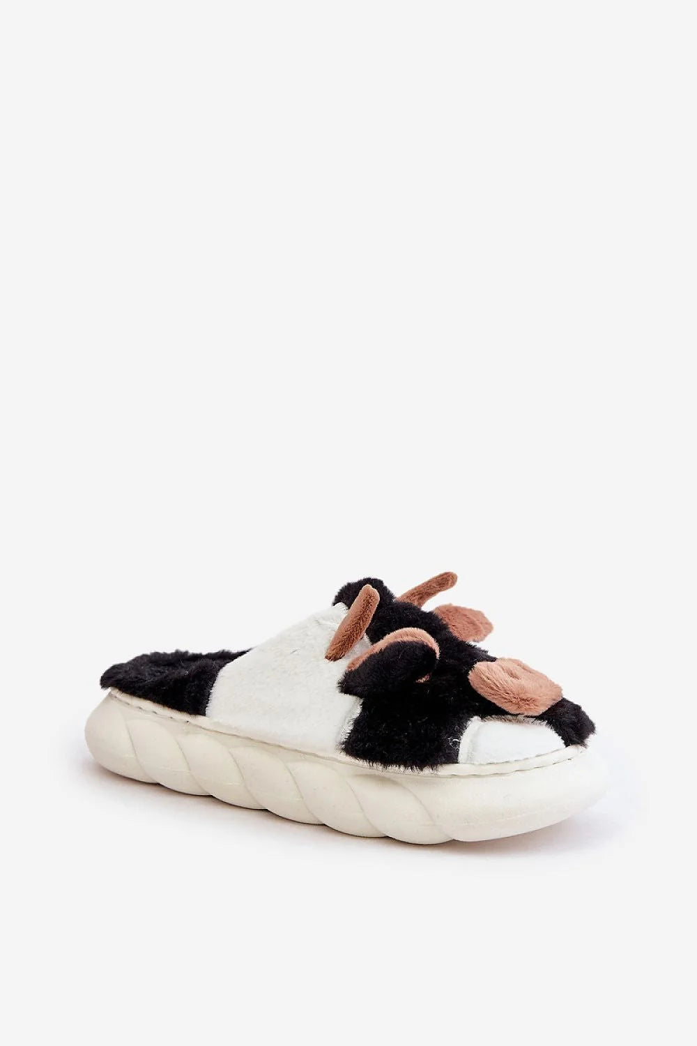 pantoufles stepinstyle femme motif vache peluche douce noir blanc marron museau oreilles relief semelle epaisse rembourree maintien amorti confort cosy