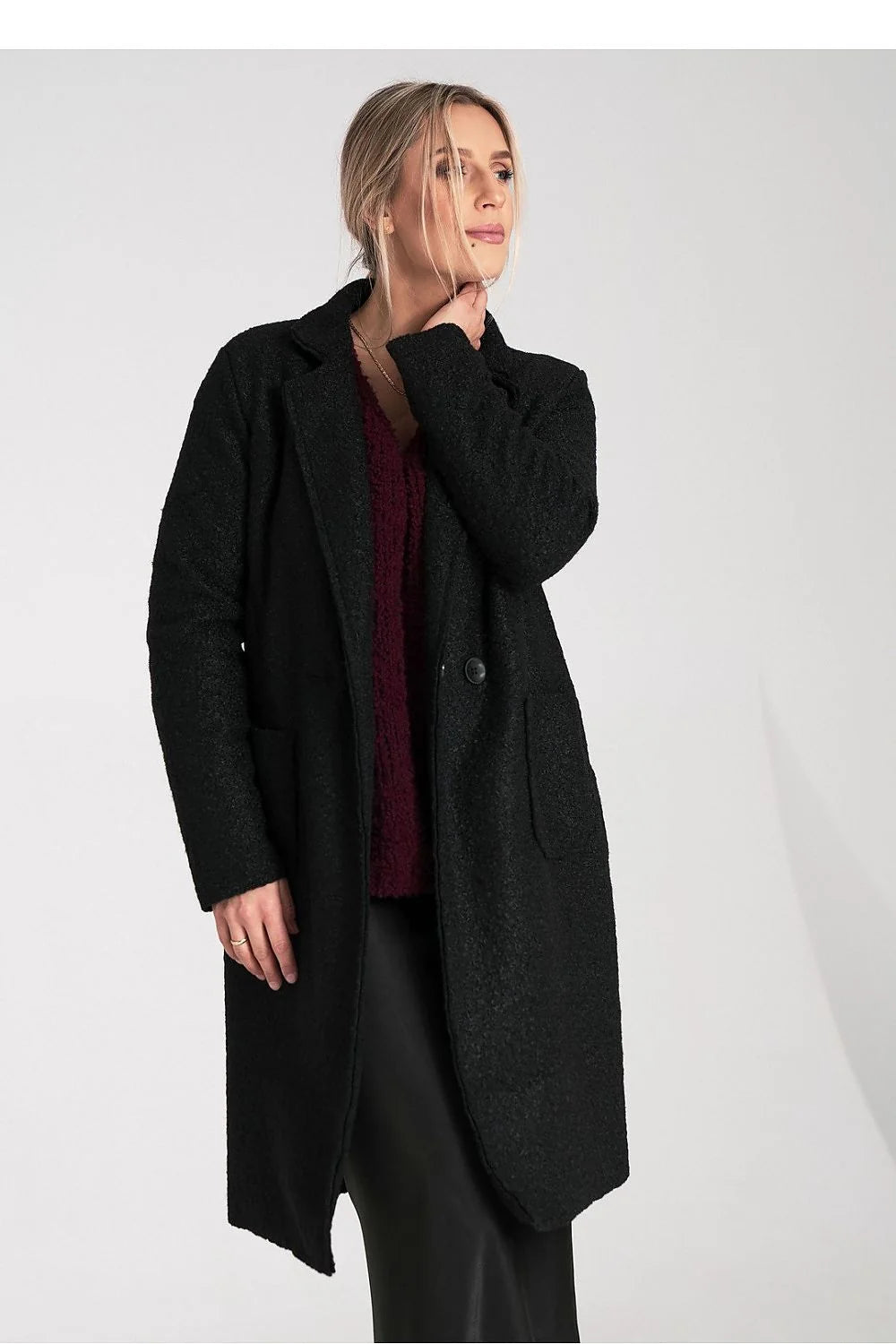 manteau femme long hiver coupe droite oversize texturé bouclé noir col revers fermeture boutonnée poches plaquées manches longues mi mollet