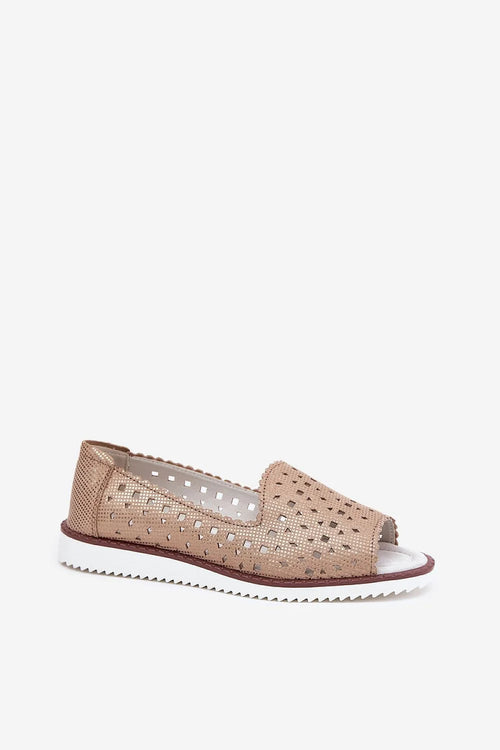 Ballerines femmes cuir naturel bout ouvert motif ajouré beige semelle cuir confort plateforme 2cm